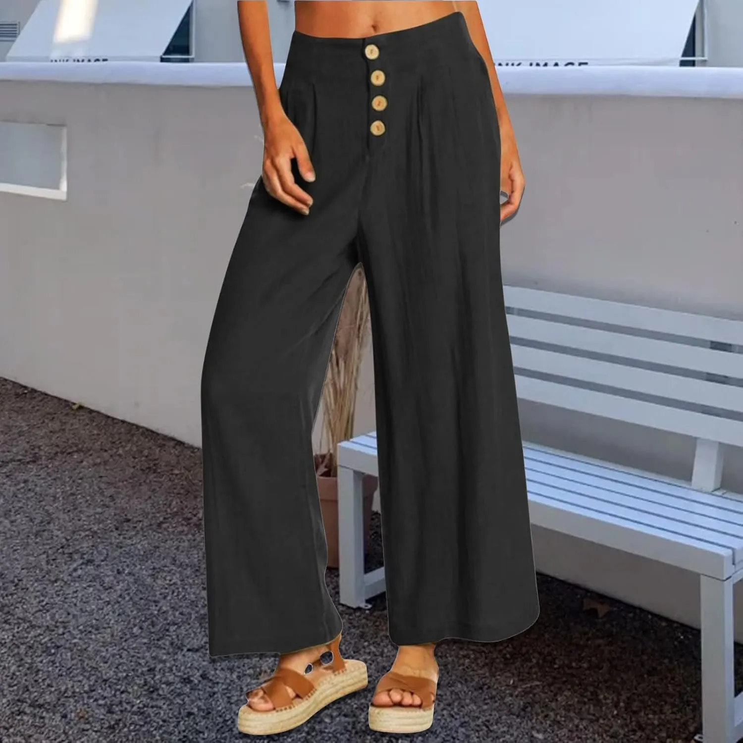 Women's Casual Wide Leg Pants Summer Palazzo Linen High Waist Business Work Trousers Long Lounge Pants