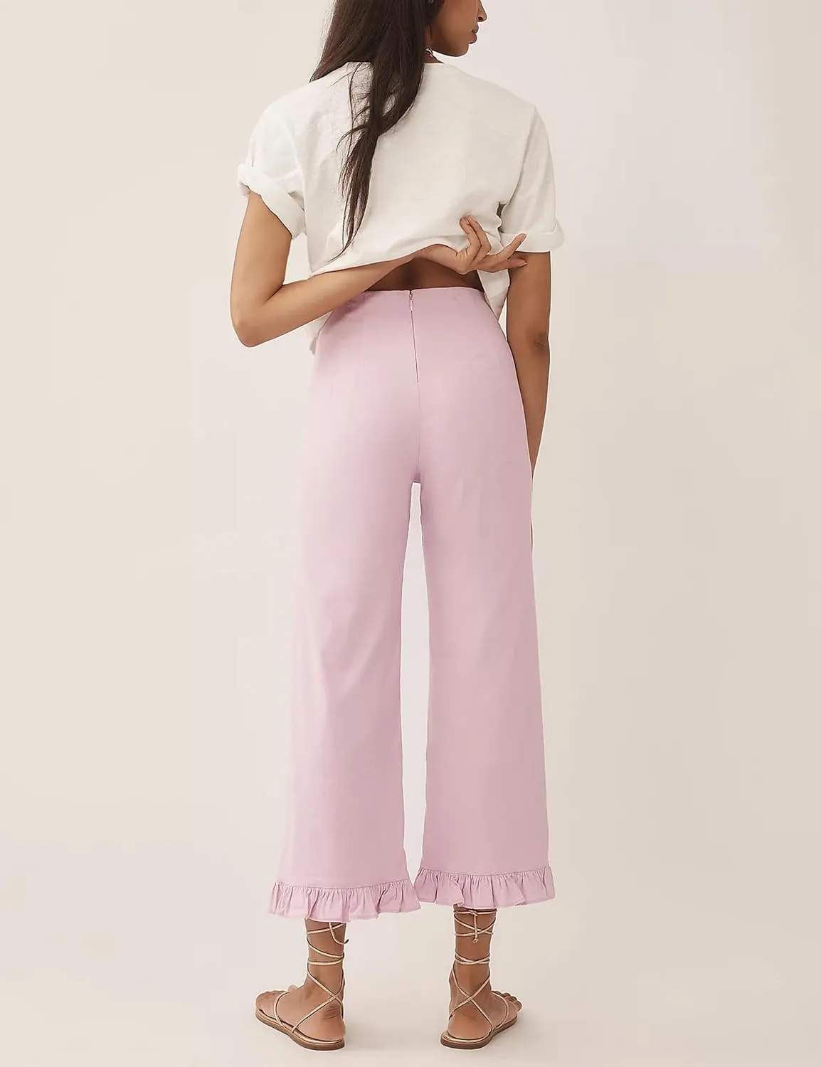 Women's Colette Flare Wide Leg Pants Summer Casual High Waist Ruffle Cropped Hem Loose Fit Trousers with Pockets