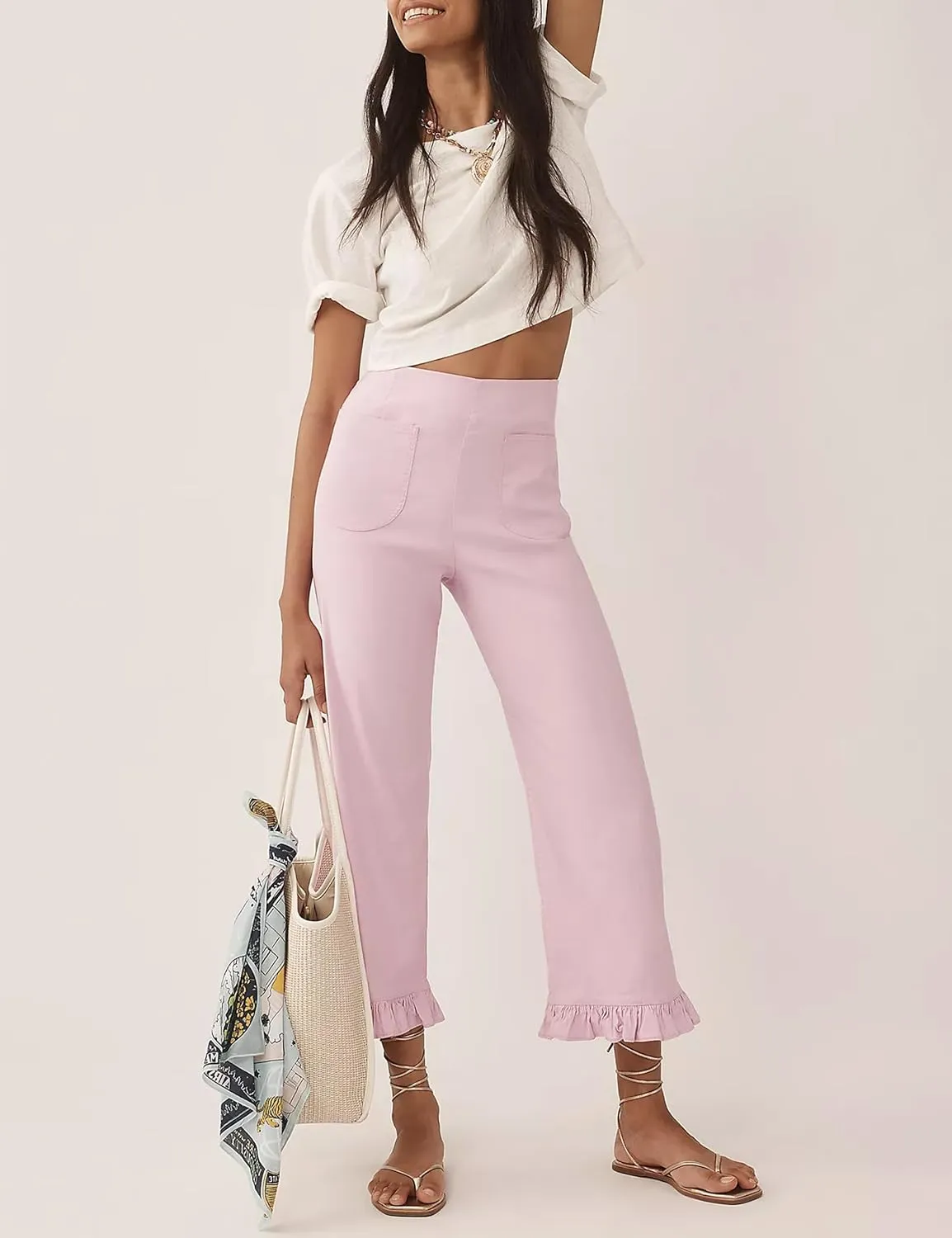 Women's Colette Flare Wide Leg Pants Summer Casual High Waist Ruffle Cropped Hem Loose Fit Trousers with Pockets