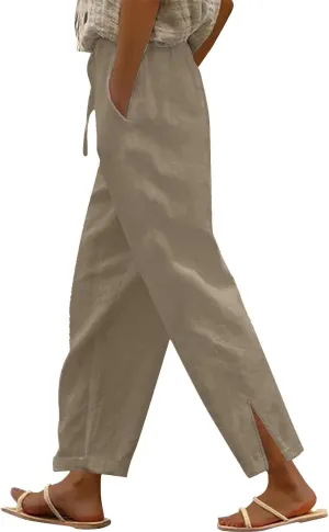 Womens Cotton Linen Pants Wide Leg Drawstring High Waist Casual Trousers Side Slit Beach Vacation Slacks with Pockets