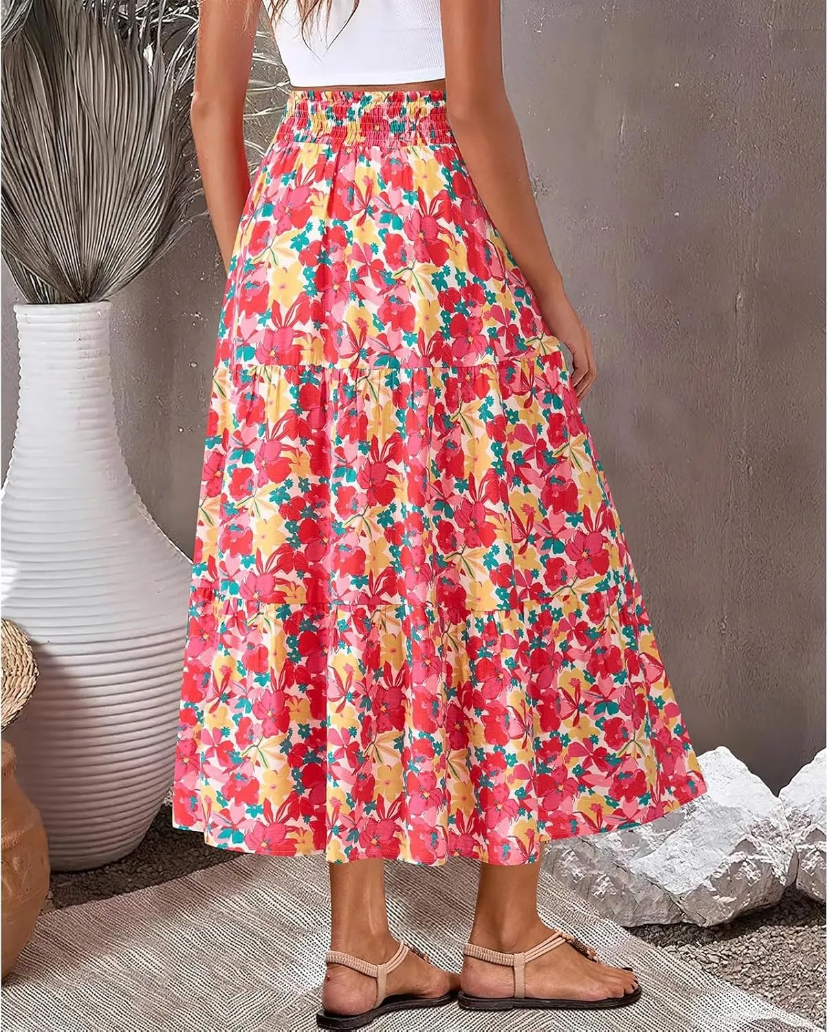 Women's Floral Print Midi Maxi Skirts: 2025 Summer Casual Aline Elastic High Waist Pleated Flowy Long Skirt Pockets