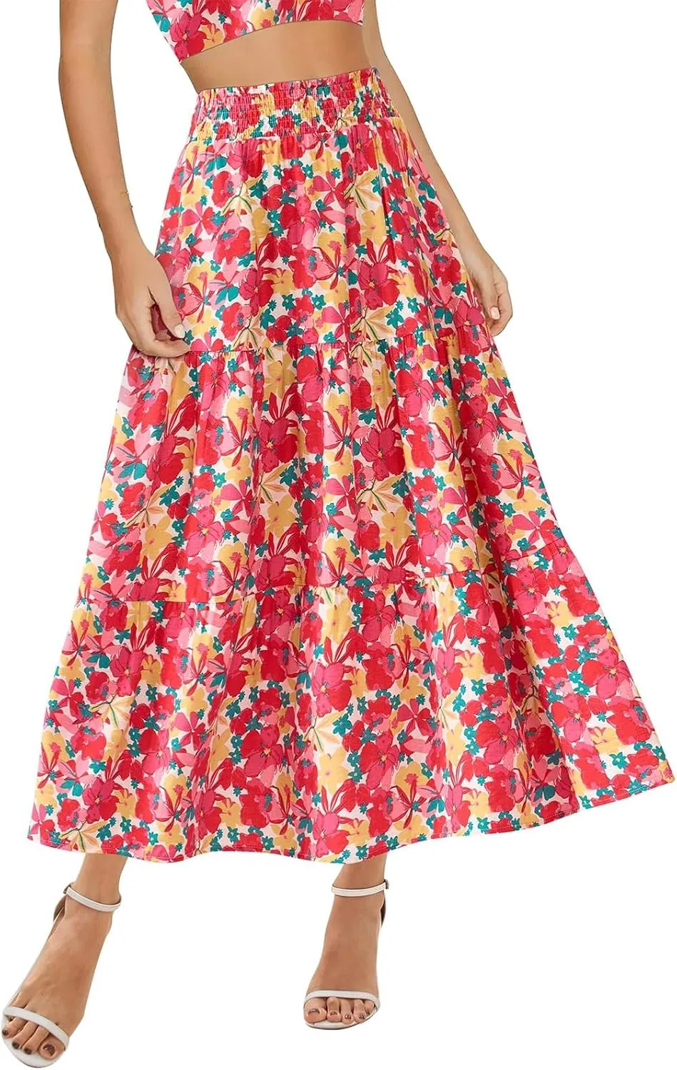 Women's Floral Print Midi Maxi Skirts: 2025 Summer Casual Aline Elastic High Waist Pleated Flowy Long Skirt Pockets