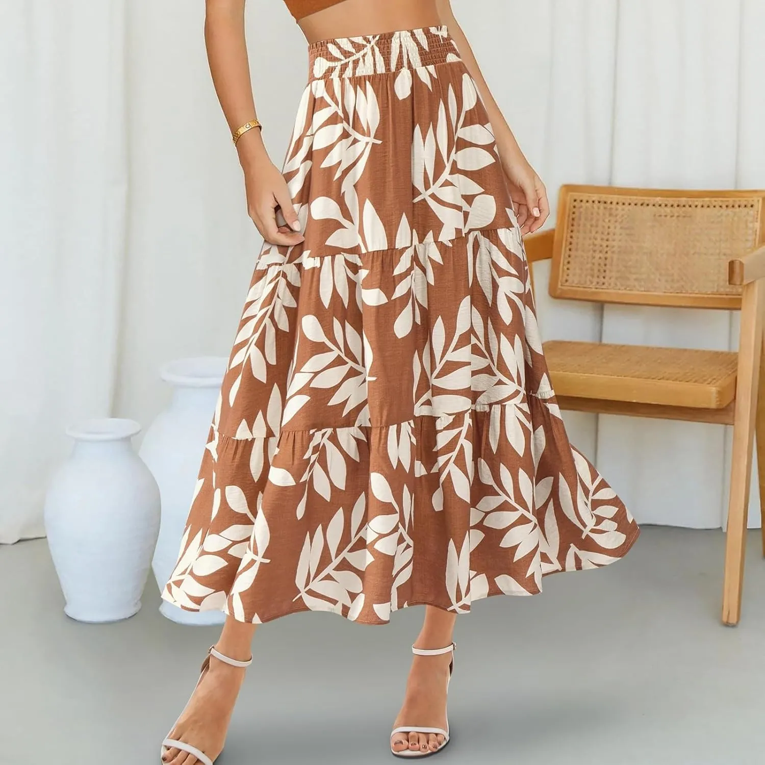 Women's Floral Print Midi Maxi Skirts- 2025 Summer Casual Aline Elastic High Waist Pleated Flowy Long Skirt Pockets