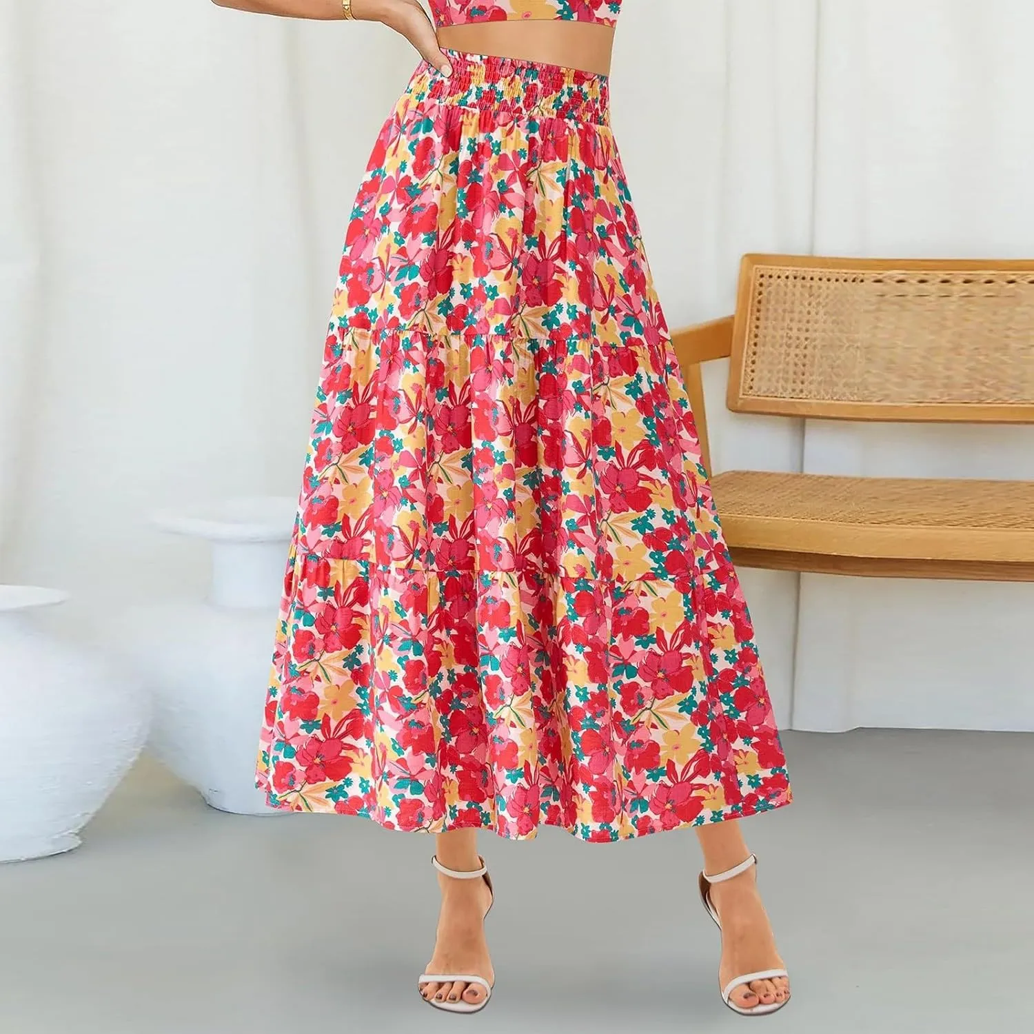 Women's Floral Print Midi Maxi Skirts: 2025 Summer Casual Aline Elastic High Waist Pleated Flowy Long Skirt Pockets