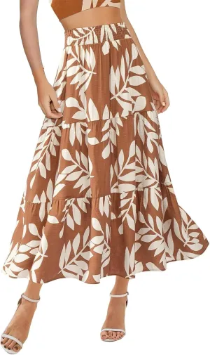 Women's Floral Print Midi Maxi Skirts- 2025 Summer Casual Aline Elastic High Waist Pleated Flowy Long Skirt Pockets