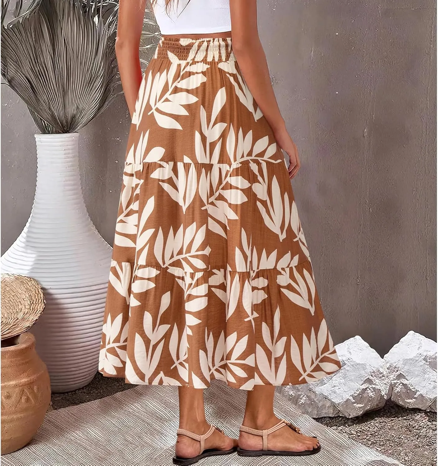 Women's Floral Print Midi Maxi Skirts- 2025 Summer Casual Aline Elastic High Waist Pleated Flowy Long Skirt Pockets