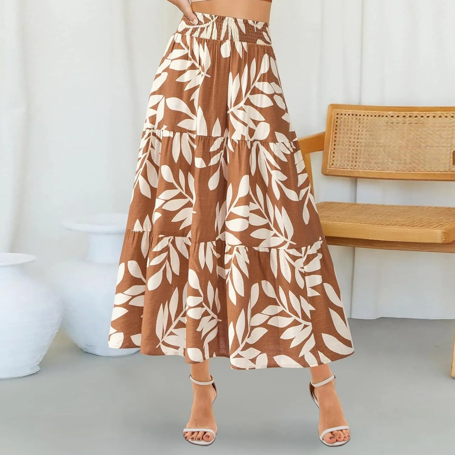 Women's Floral Print Midi Maxi Skirts- 2025 Summer Casual Aline Elastic High Waist Pleated Flowy Long Skirt Pockets