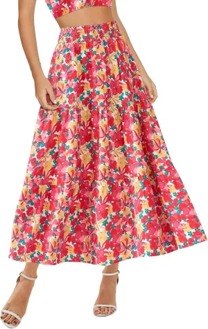 Women's Floral Print Midi Maxi Skirts: 2025 Summer Casual Aline Elastic High Waist Pleated Flowy Long Skirt Pockets