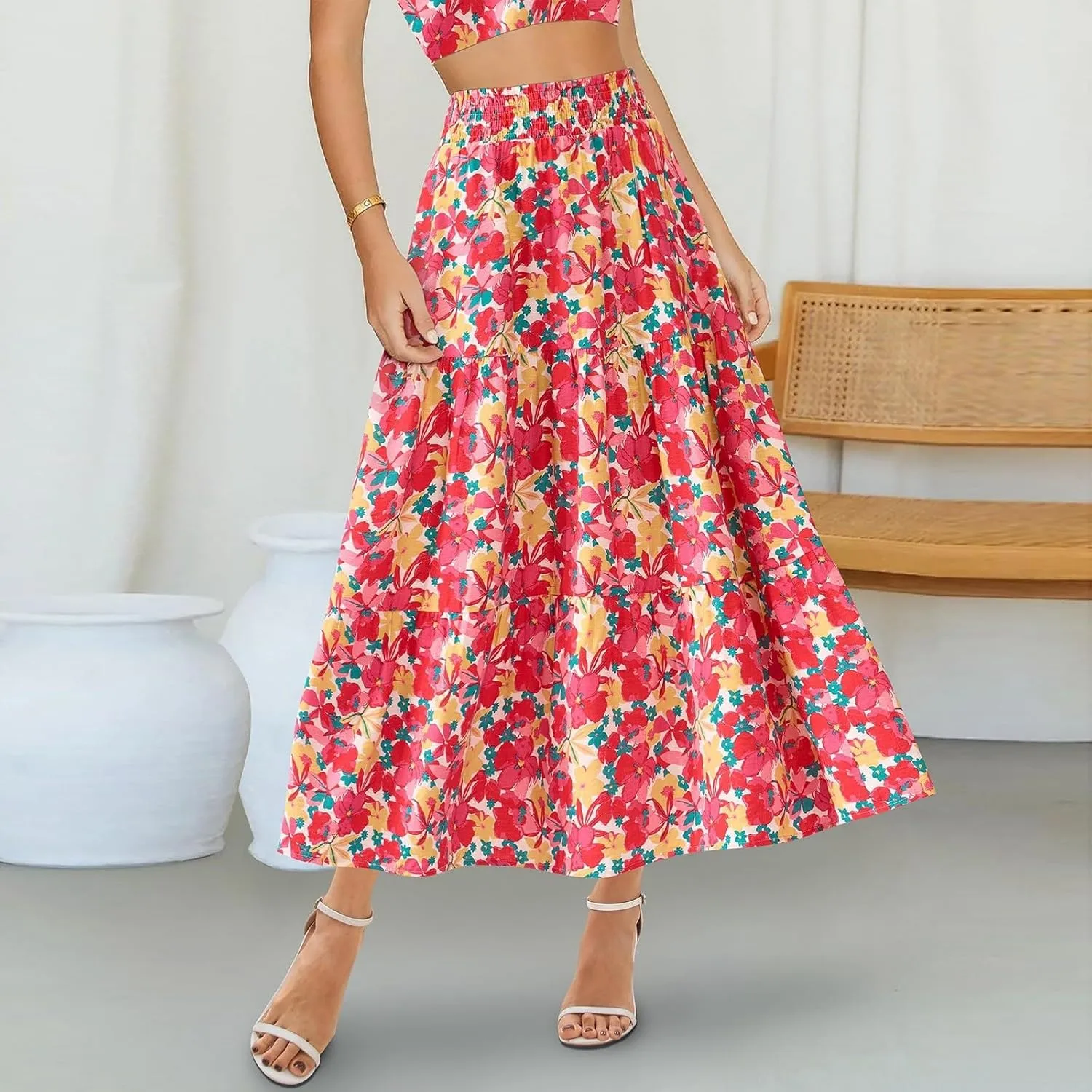 Women's Floral Print Midi Maxi Skirts: 2025 Summer Casual Aline Elastic High Waist Pleated Flowy Long Skirt Pockets