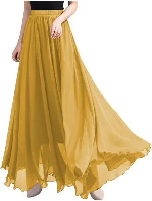 Womens Flowy Chiffon Maxi Skirts Summer Elastic High Waisted Layered Beach Skorts Solid Color Fashion Elegant Skirt