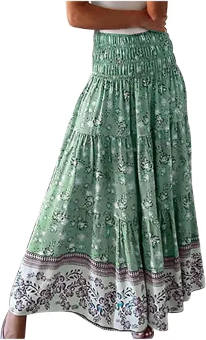 Women's Flowy Skirts Casual Fashion Summer Boho Floral Print High Waist Pleated Beach Knee Length Midi Skirt