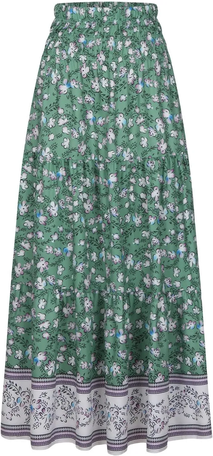 Women's Flowy Skirts Casual Fashion Summer Boho Floral Print High Waist Pleated Beach Knee Length Midi Skirt