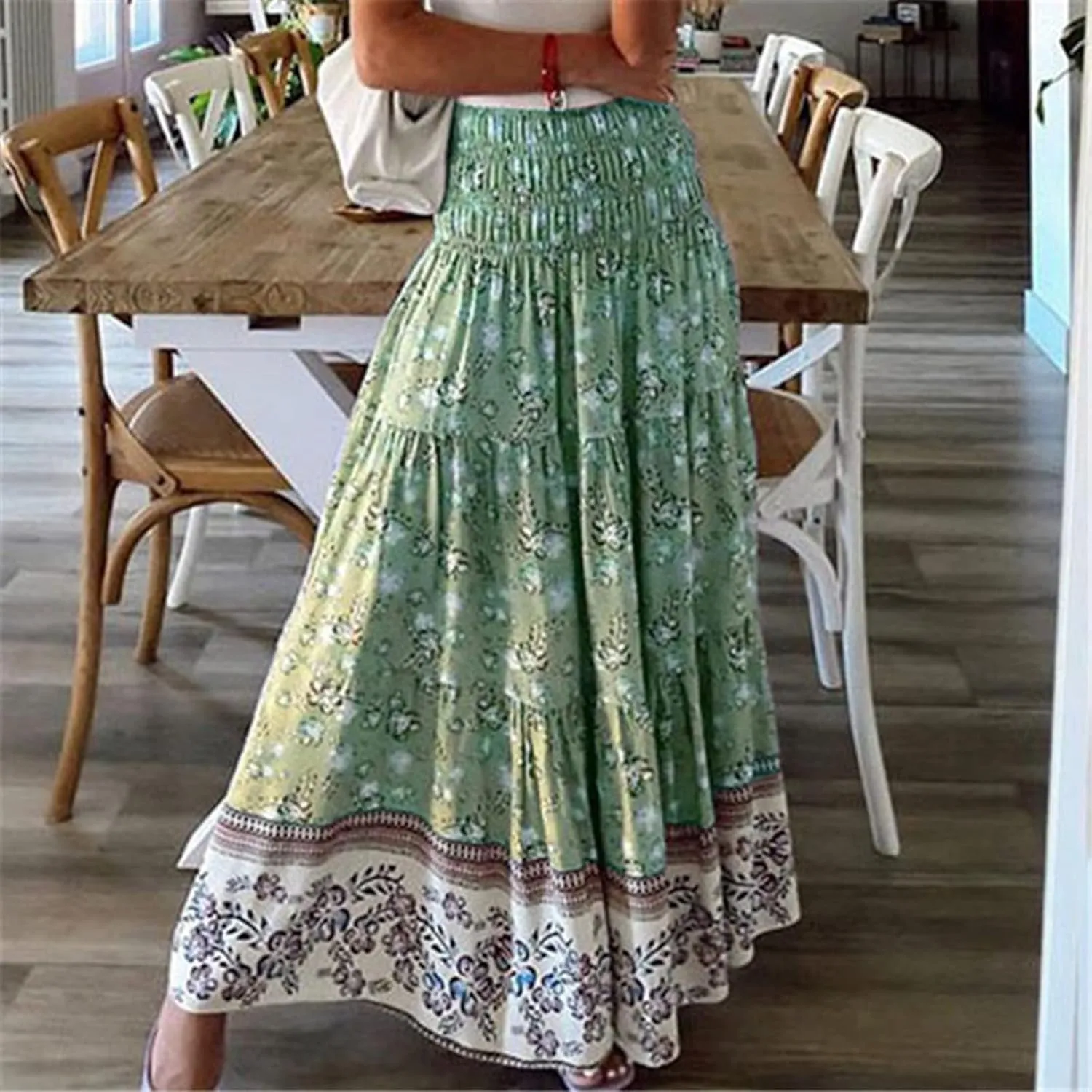 Women's Flowy Skirts Casual Fashion Summer Boho Floral Print High Waist Pleated Beach Knee Length Midi Skirt