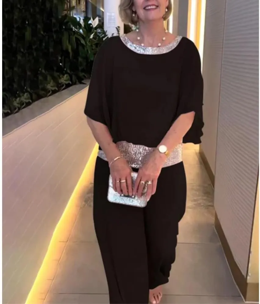 Womens Formal Wedding Guest Sequin Pants Suit for Mother of Bride Crewneck 2 Piece Pants Suit Chiffon Dressy Pantsuit
