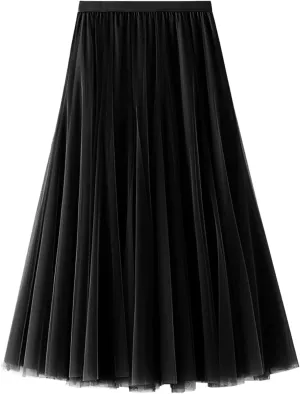 Women's High Waist A Line Skirts Women's Tulle Layered Skirt Mesh Pleated Midi Skirts Draped High Waist Elegant