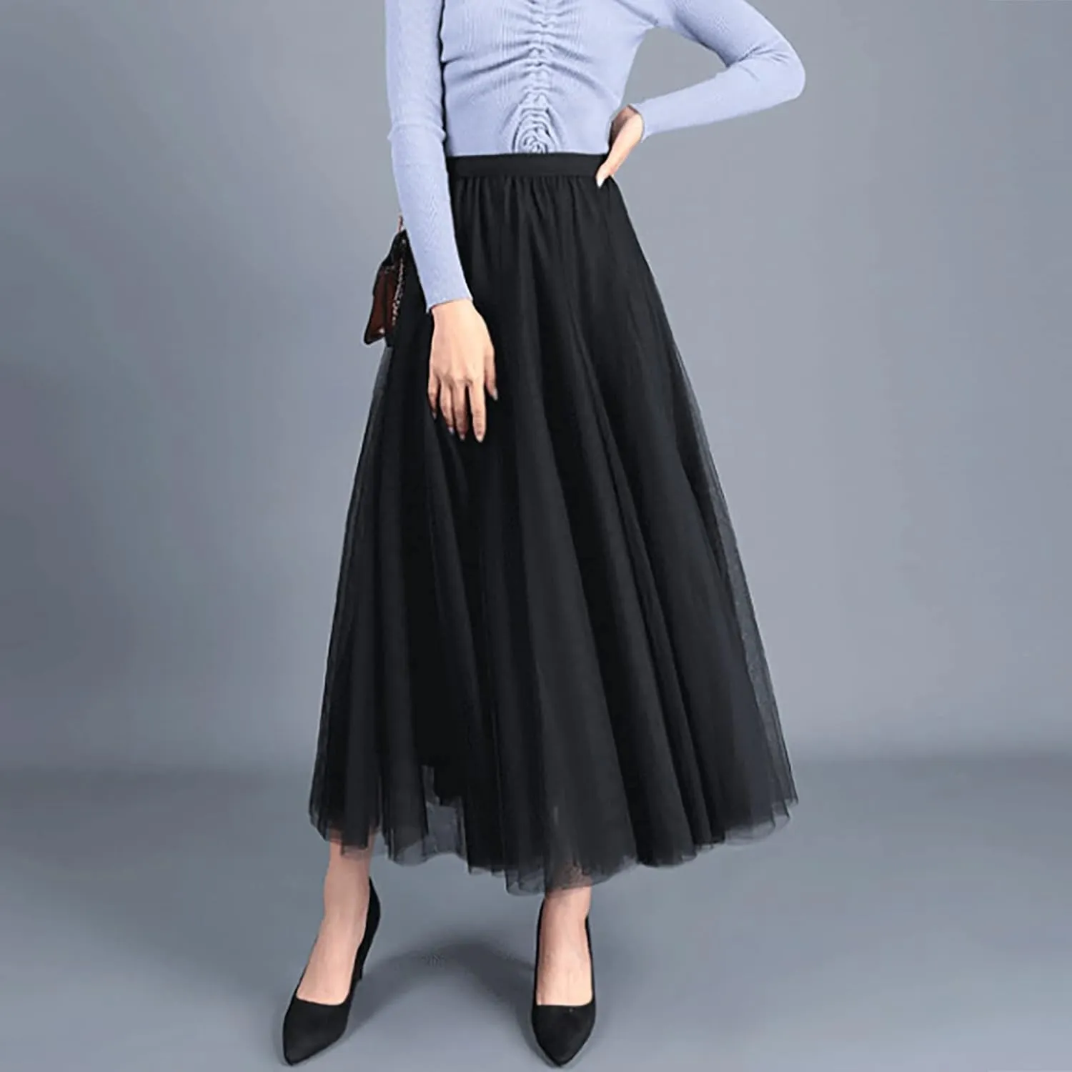 Women's High Waist A Line Skirts Women's Tulle Layered Skirt Mesh Pleated Midi Skirts Draped High Waist Elegant