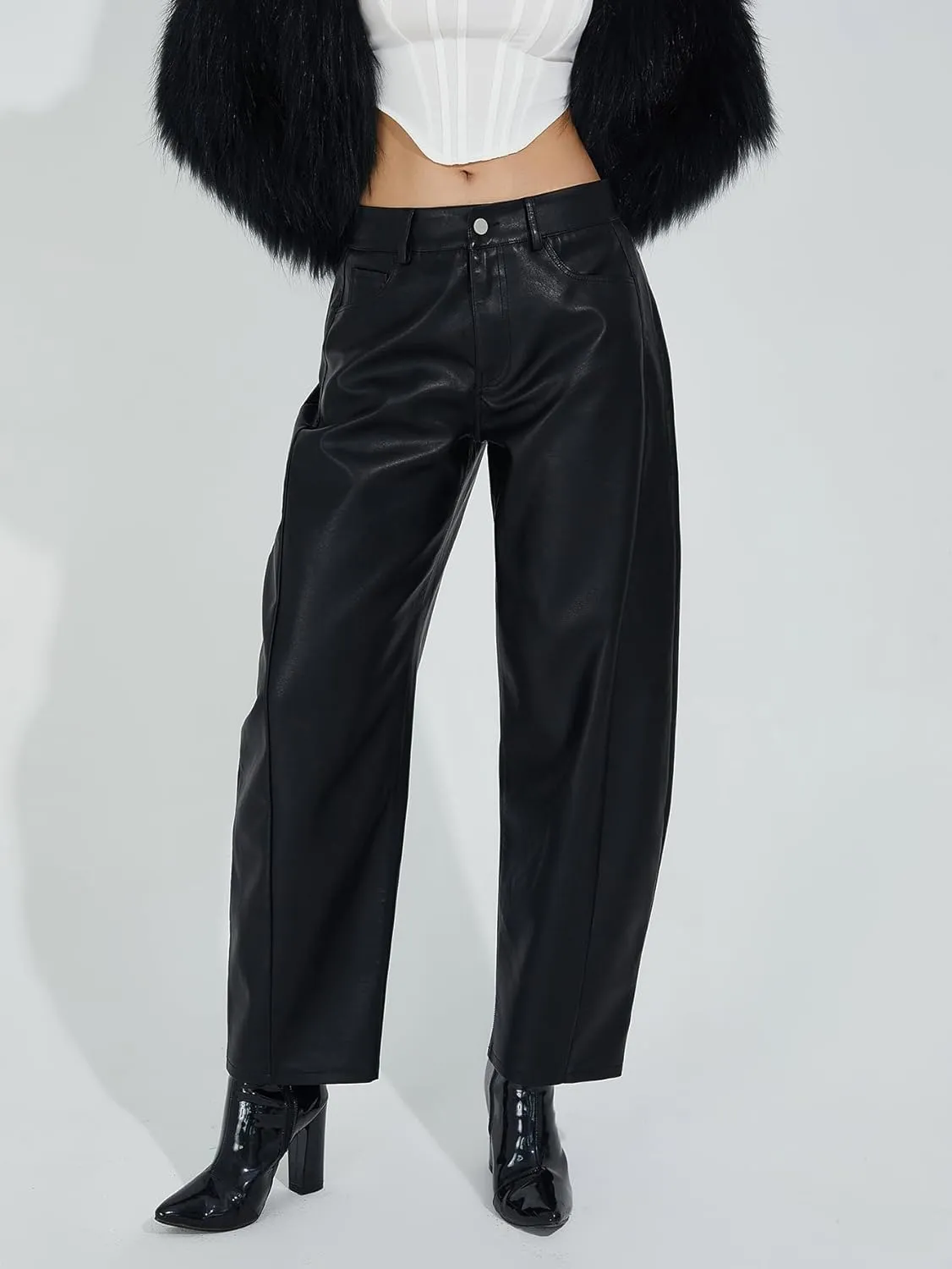 Women's High Waist Wide Leg PU Faux Leather Cropped Pants Culottes Trousers Culottes