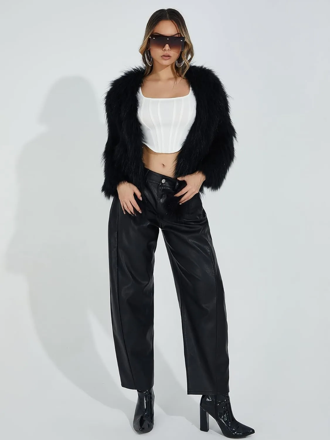 Women's High Waist Wide Leg PU Faux Leather Cropped Pants Culottes Trousers Culottes