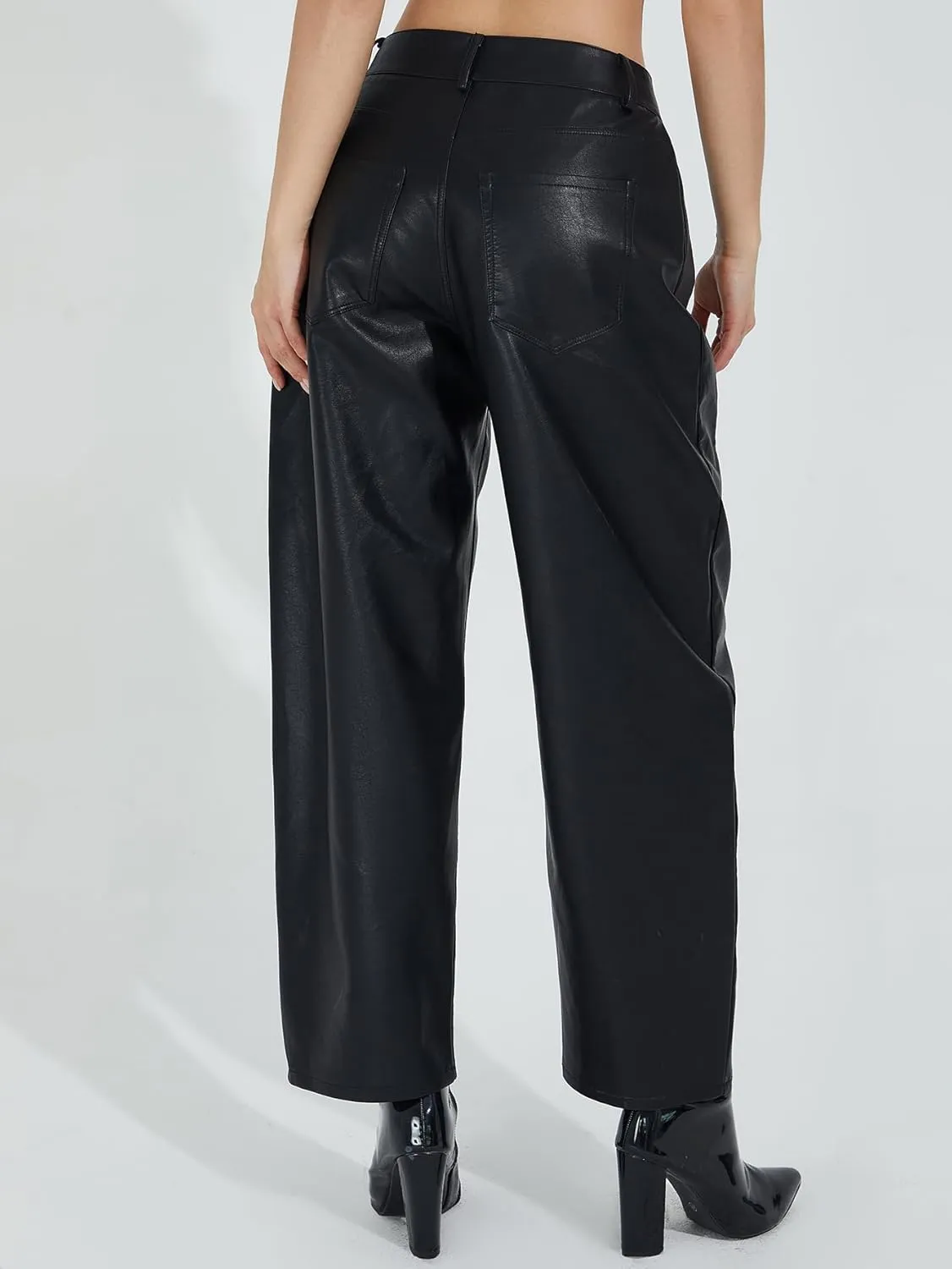 Women's High Waist Wide Leg PU Faux Leather Cropped Pants Culottes Trousers Culottes