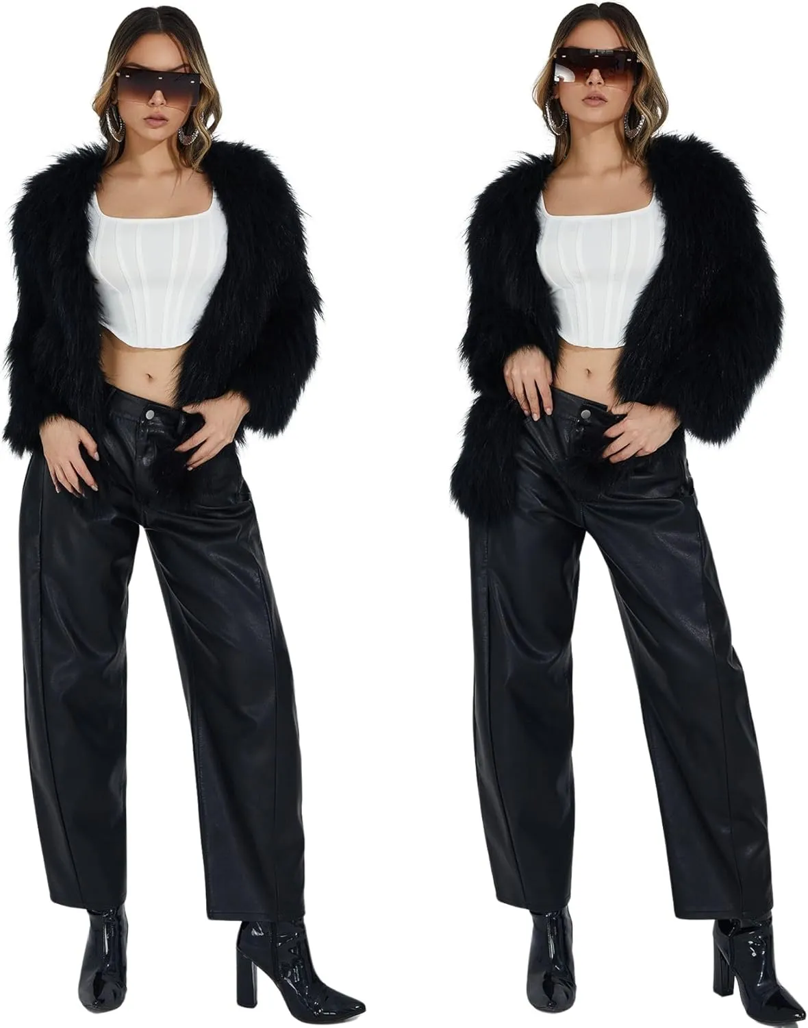 Women's High Waist Wide Leg PU Faux Leather Cropped Pants Culottes Trousers Culottes
