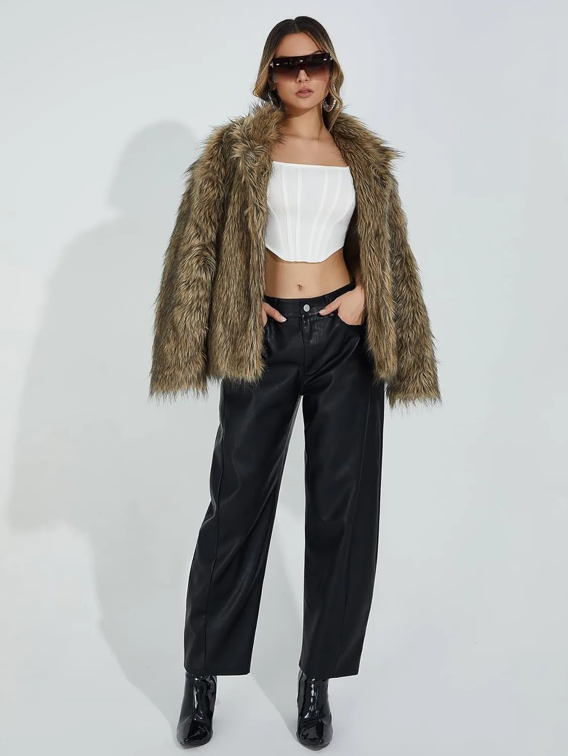Women's High Waist Wide Leg PU Faux Leather Cropped Pants Culottes Trousers Culottes