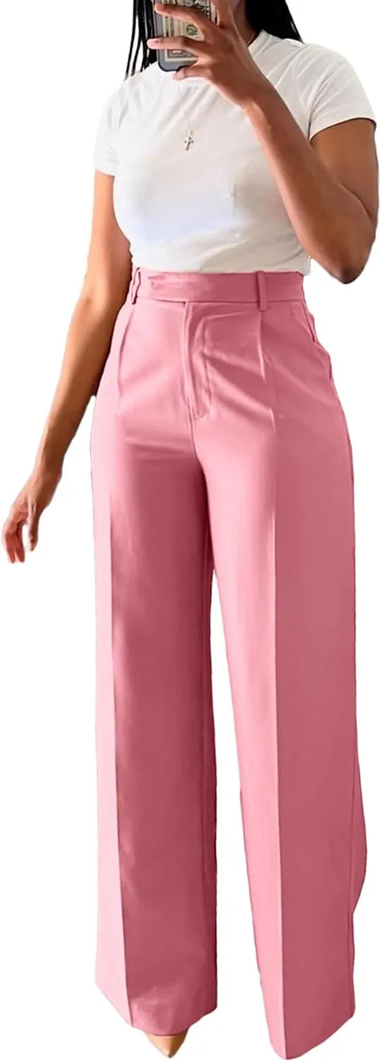 Women's High Waisted Dress Pants Stretchy Business Casual Pants Straight Leg Work Trousers with Pockets