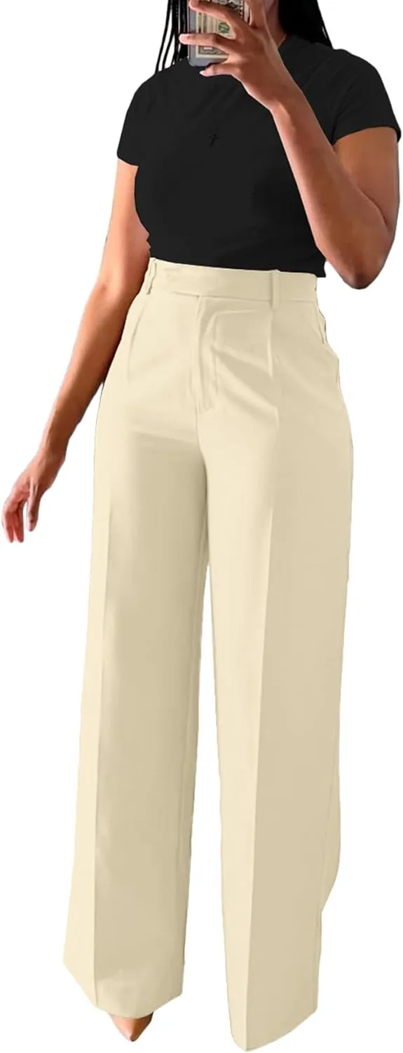 Women's High Waisted Dress Pants Stretchy Business Casual Pants Straight Leg Work Trousers with Pockets