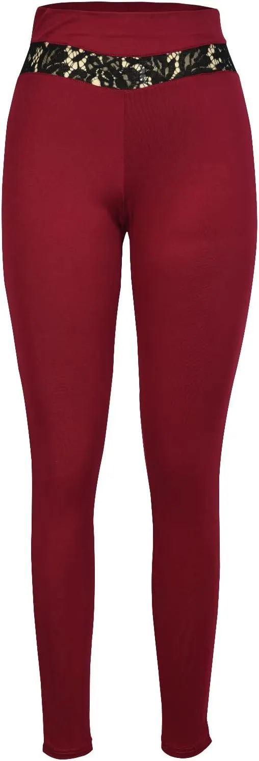 Womens High Waisted Leggings Casual Sexy Comfy Side Lace Mesh Sheer Tummy Control Stretchy Fitness Yoga Tights Pants
