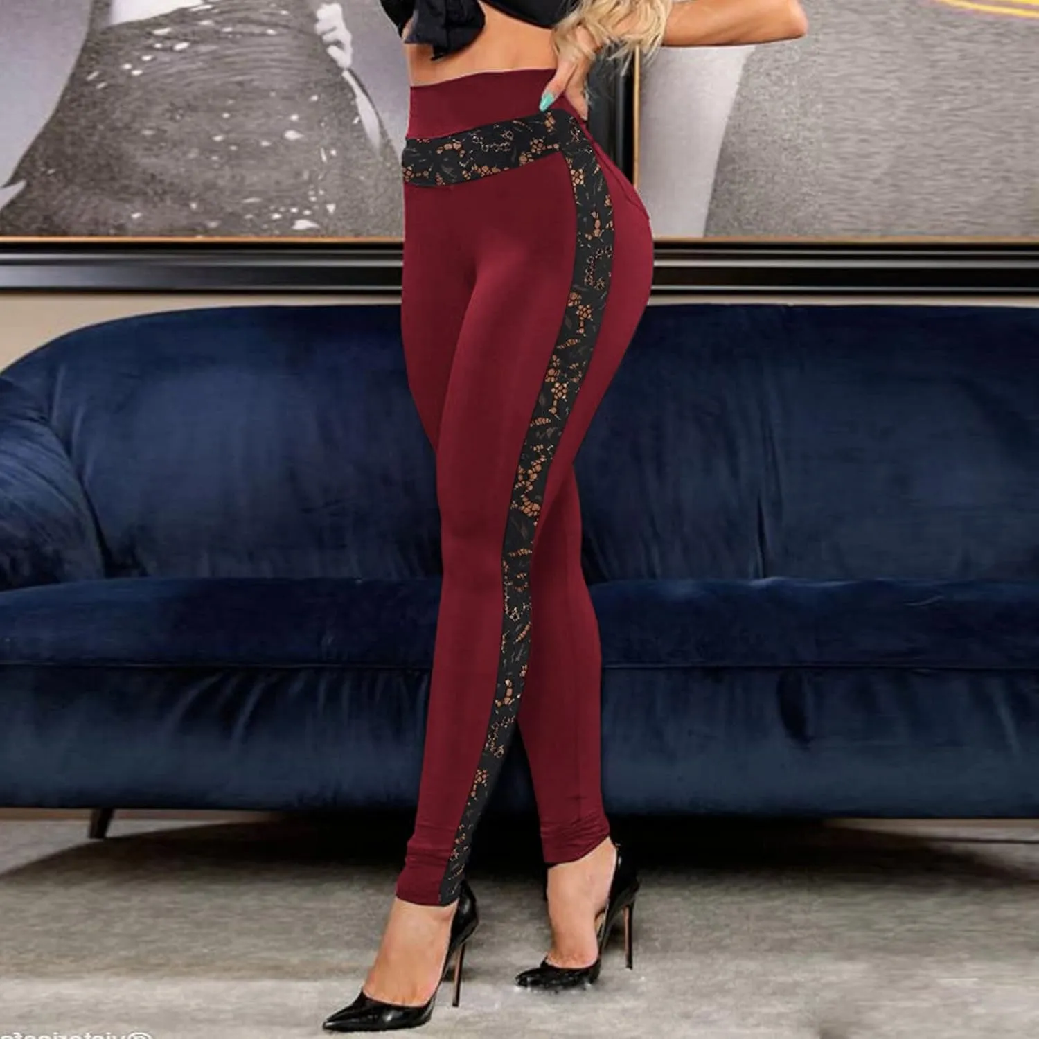 Womens High Waisted Leggings Casual Sexy Comfy Side Lace Mesh Sheer Tummy Control Stretchy Fitness Yoga Tights Pants