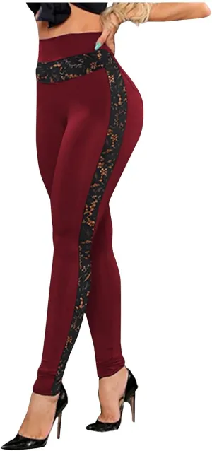 Womens High Waisted Leggings Casual Sexy Comfy Side Lace Mesh Sheer Tummy Control Stretchy Fitness Yoga Tights Pants