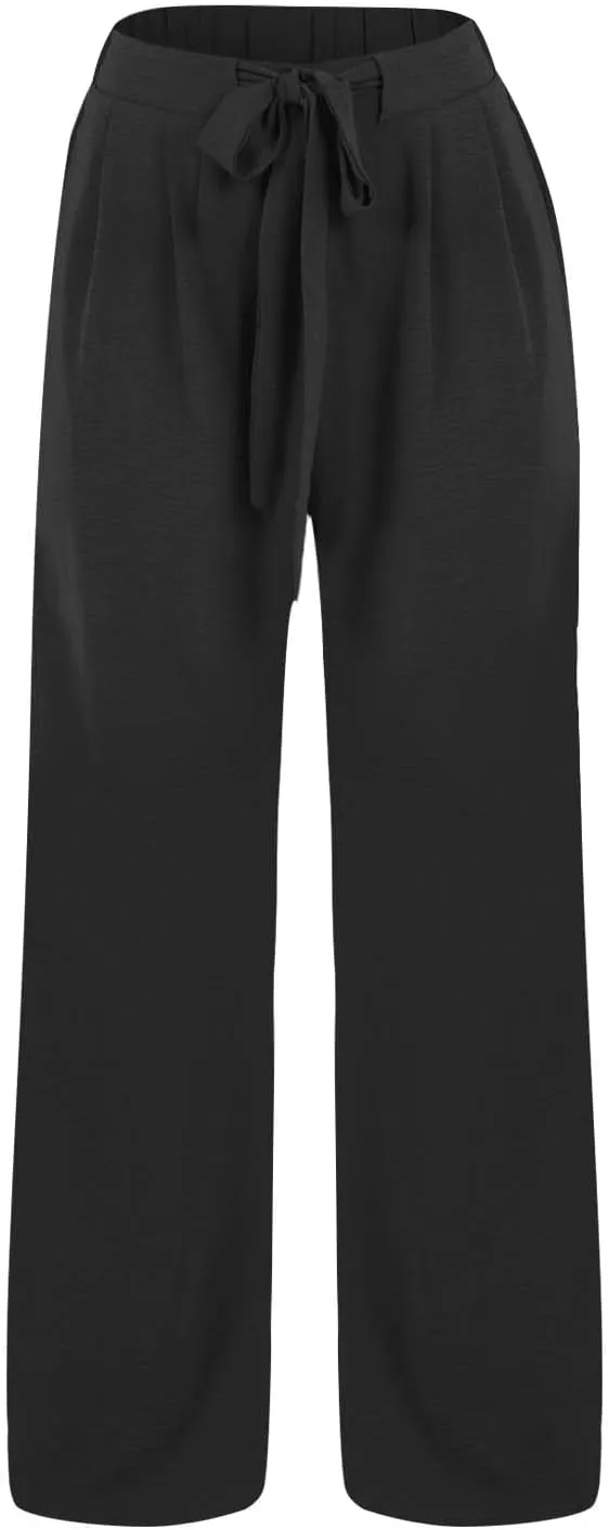 Women's High Waisted Wide Leg Flowy Pants Solid Color Tie Knot Palazzo Pants Casual Loose Beach Trousers with Pockets