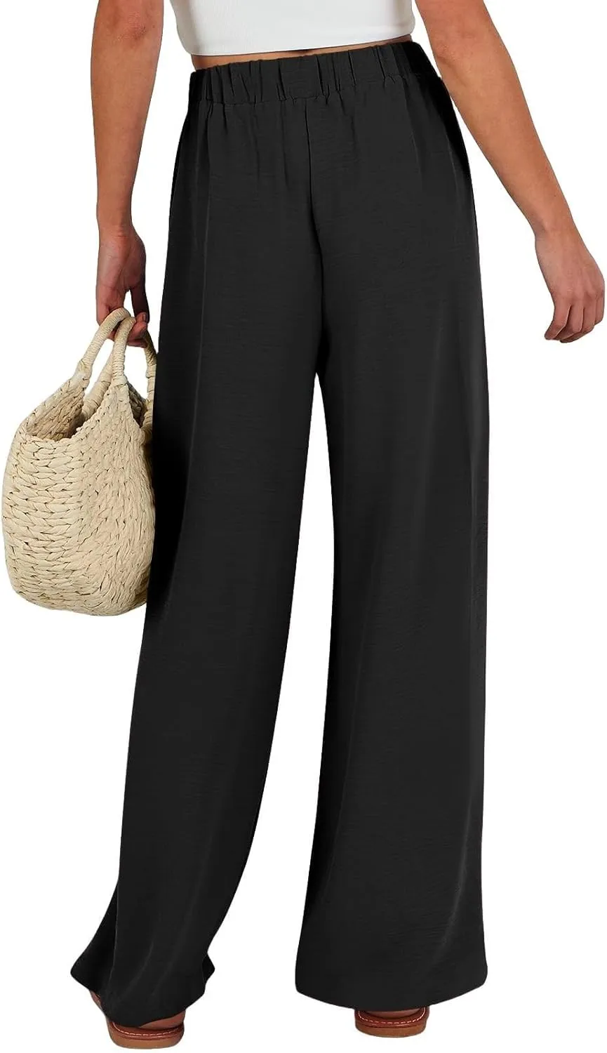 Women's High Waisted Wide Leg Flowy Pants Solid Color Tie Knot Palazzo Pants Casual Loose Beach Trousers with Pockets