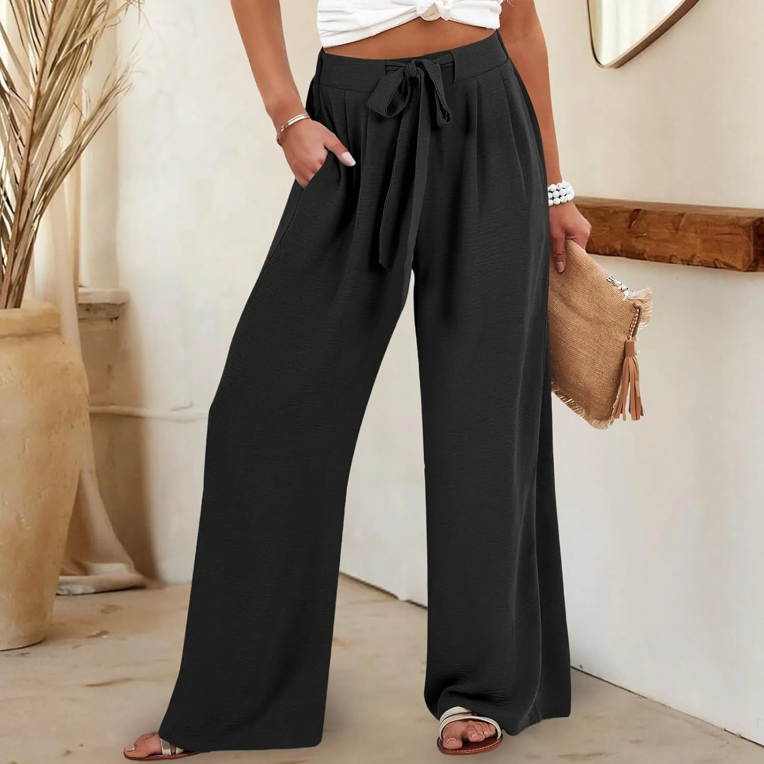 Women's High Waisted Wide Leg Flowy Pants Solid Color Tie Knot Palazzo Pants Casual Loose Beach Trousers with Pockets