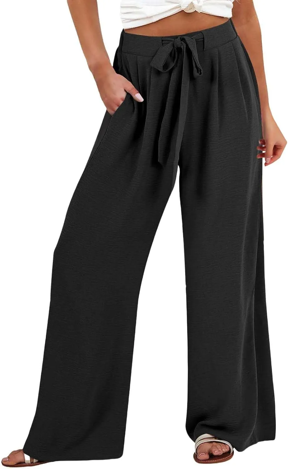 Women's High Waisted Wide Leg Flowy Pants Solid Color Tie Knot Palazzo Pants Casual Loose Beach Trousers with Pockets