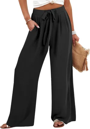 Women's High Waisted Wide Leg Flowy Pants Solid Color Tie Knot Palazzo Pants Casual Loose Beach Trousers with Pockets