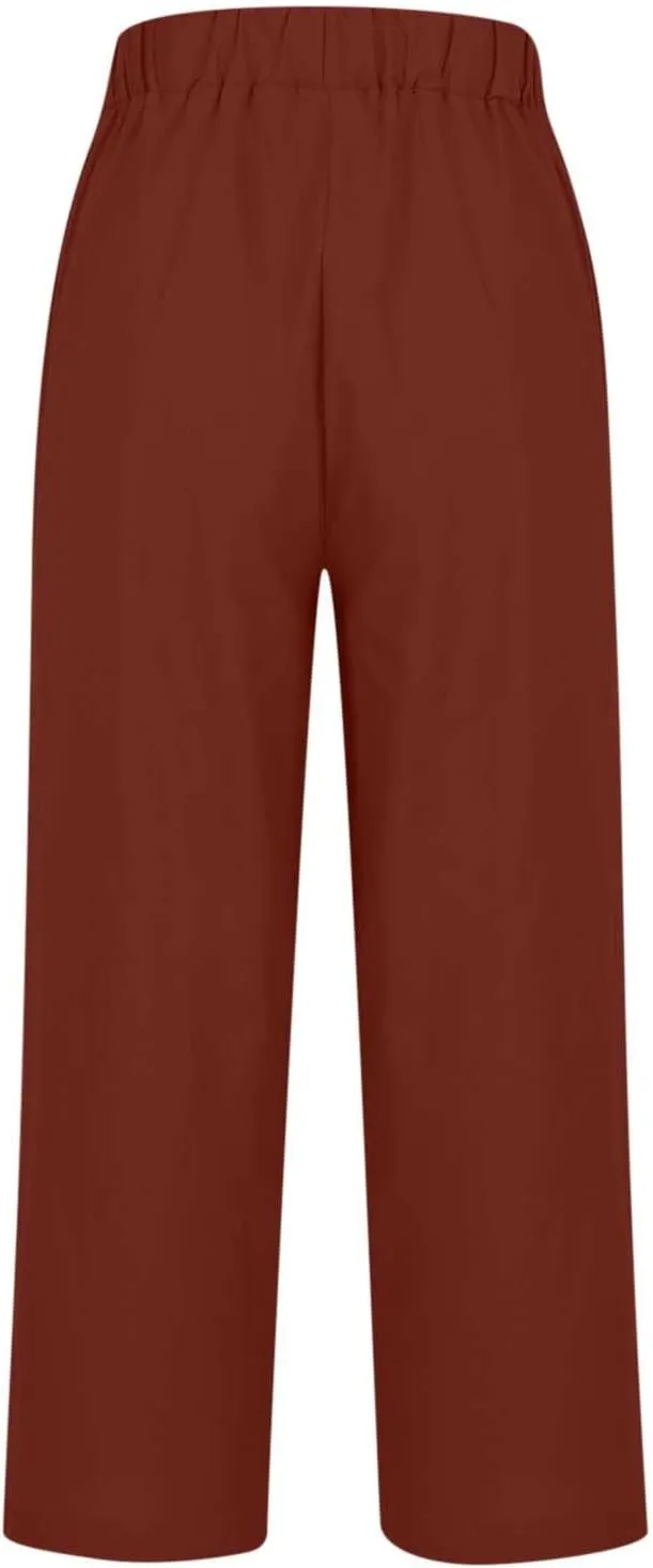 Women's Linen Blend Summer Casual Loose Pants Elastic Waisted Baggy Stretchy Loose Fit Trouser Trendy