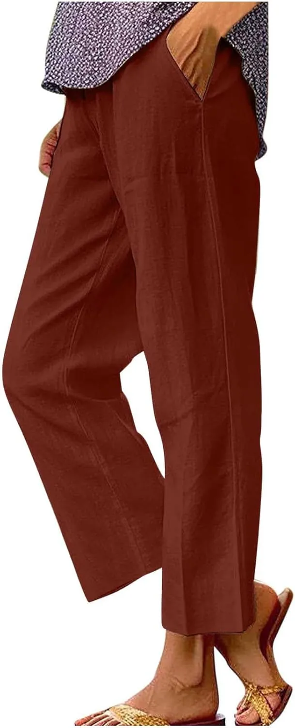 Women's Linen Blend Summer Casual Loose Pants Elastic Waisted Baggy Stretchy Loose Fit Trouser Trendy