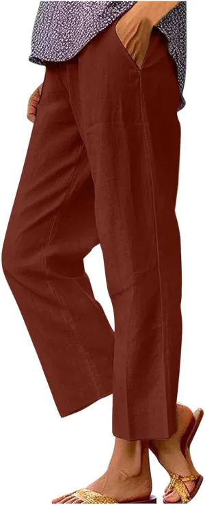 Women's Linen Blend Summer Casual Loose Pants Elastic Waisted Baggy Stretchy Loose Fit Trouser Trendy