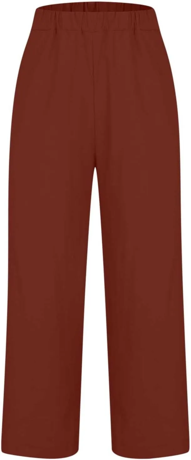 Women's Linen Blend Summer Casual Loose Pants Elastic Waisted Baggy Stretchy Loose Fit Trouser Trendy