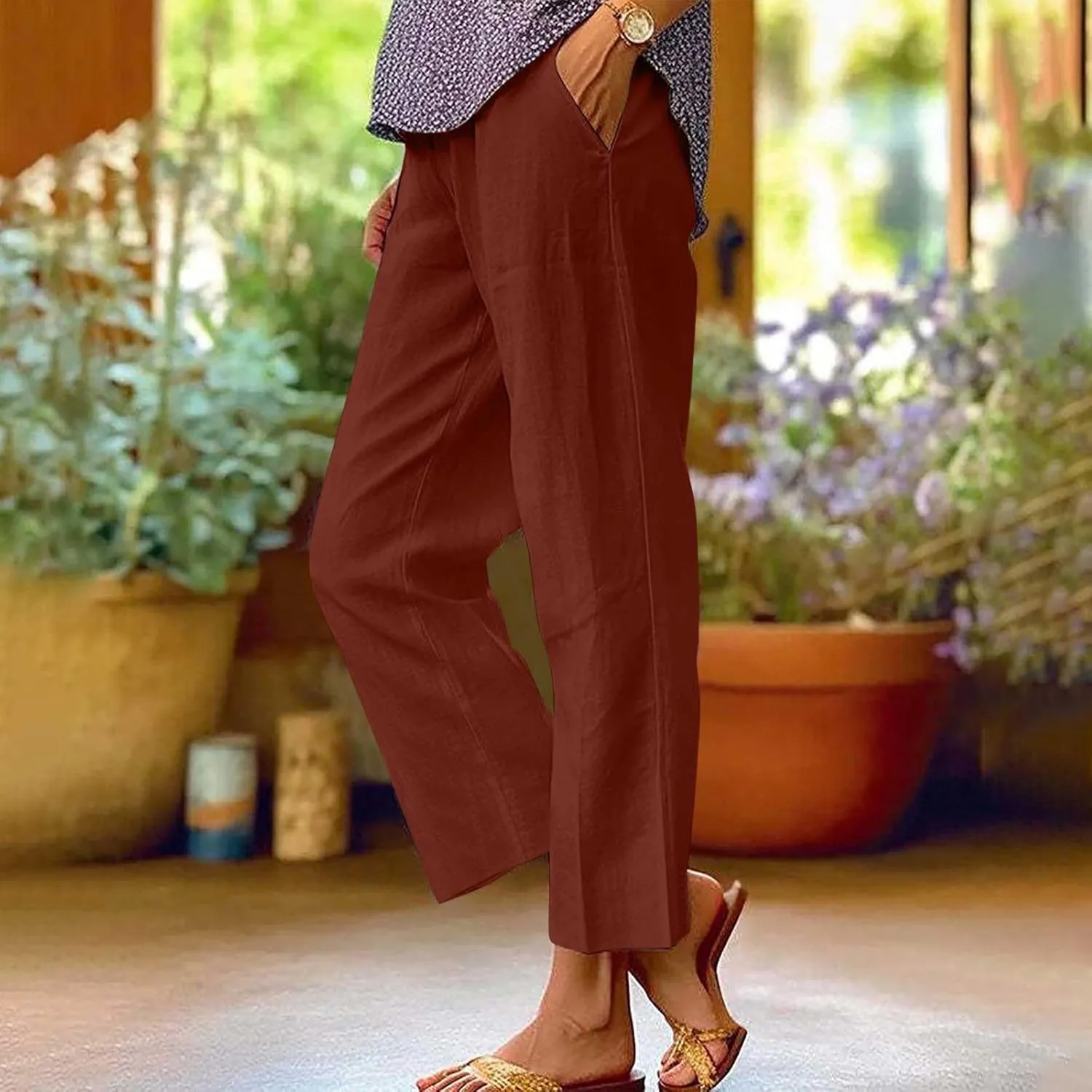 Women's Linen Blend Summer Casual Loose Pants Elastic Waisted Baggy Stretchy Loose Fit Trouser Trendy