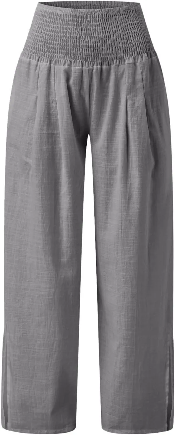 Womens Linen Blend Summer Y2K Streetwear Pants Elastic Waisted Baggy Stretchy Plus Size Trousers Beach
