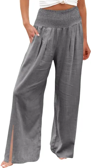 Womens Linen Blend Summer Y2K Streetwear Pants Elastic Waisted Baggy Stretchy Plus Size Trousers Beach