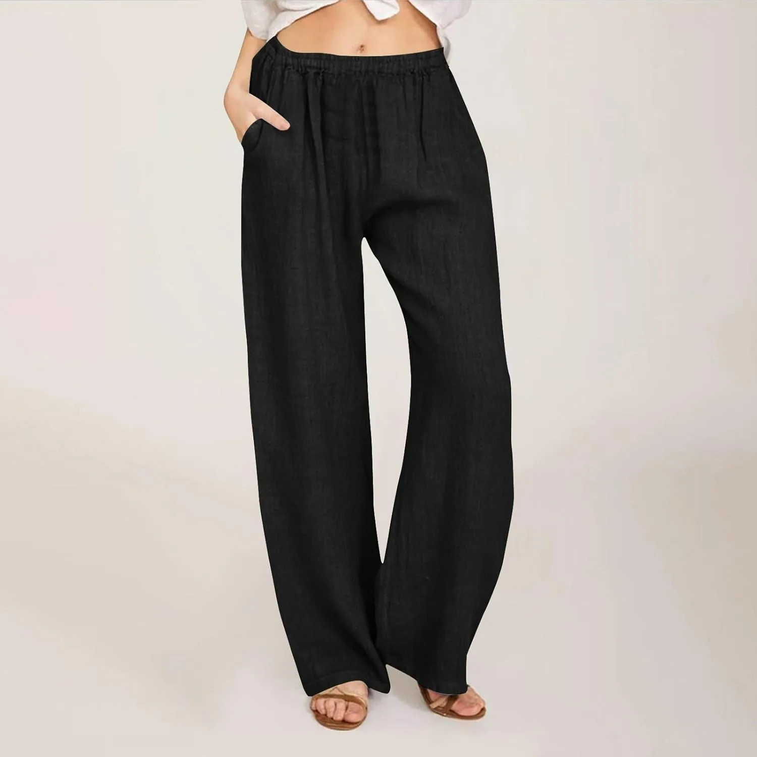 Women's Linen Palazzo Pants Plus Size Elastic High Waist Casual Beach Pant Flowy Summer Trendy Lightweight Trousers