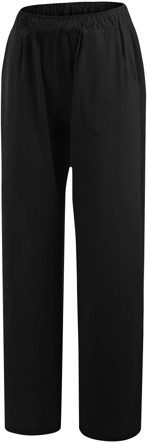 Women's Linen Palazzo Pants Plus Size Elastic High Waist Casual Beach Pant Flowy Summer Trendy Lightweight Trousers