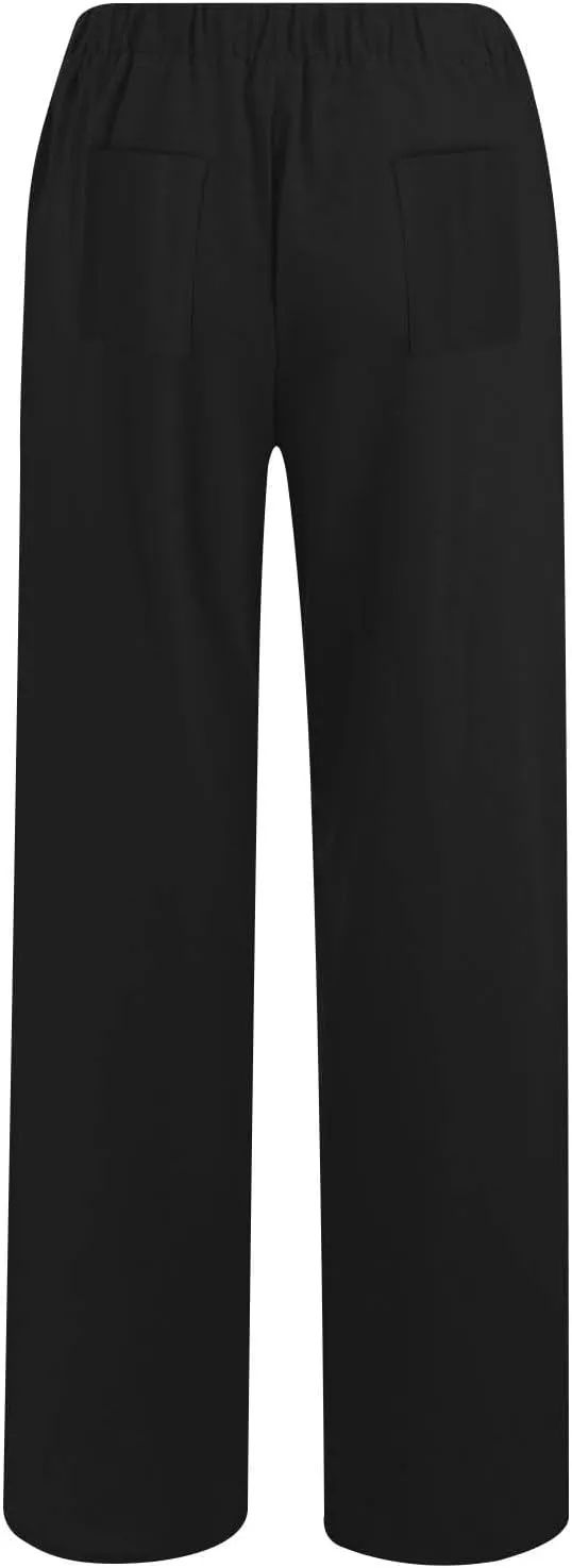 Women's Linen Palazzo Pants Plus Size Elastic High Waist Casual Beach Pant Flowy Summer Trendy Lightweight Trousers
