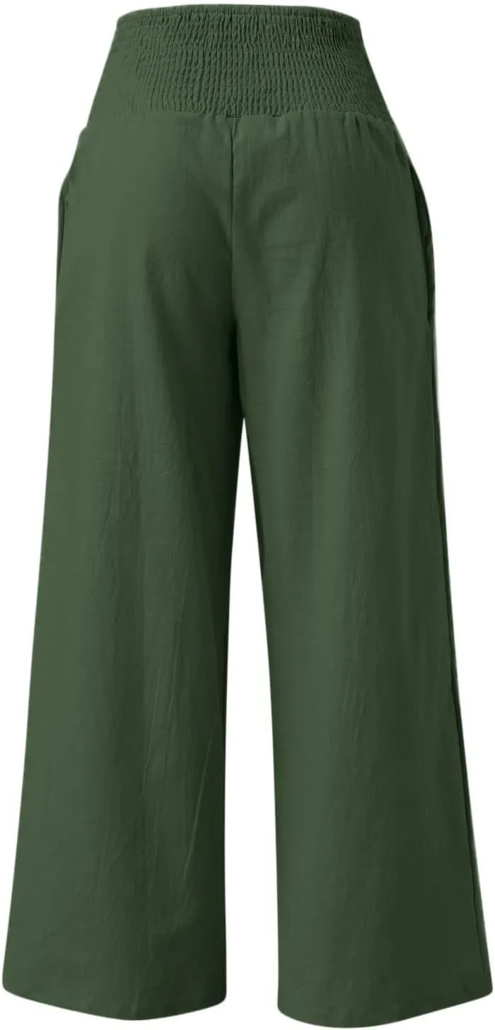 Womens Linen Pants 2025 Summer Casual Loose Wide Leg Palazzo Pants High Waisted Smocked Flowy Beach Trousers with Pockets