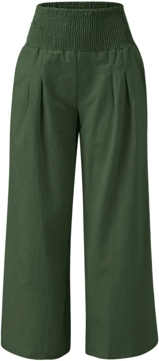 Womens Linen Pants 2025 Summer Casual Loose Wide Leg Palazzo Pants High Waisted Smocked Flowy Beach Trousers with Pockets