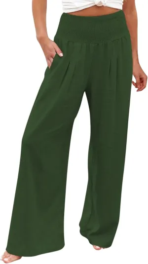 Womens Linen Pants 2025 Summer Casual Loose Wide Leg Palazzo Pants High Waisted Smocked Flowy Beach Trousers with Pockets
