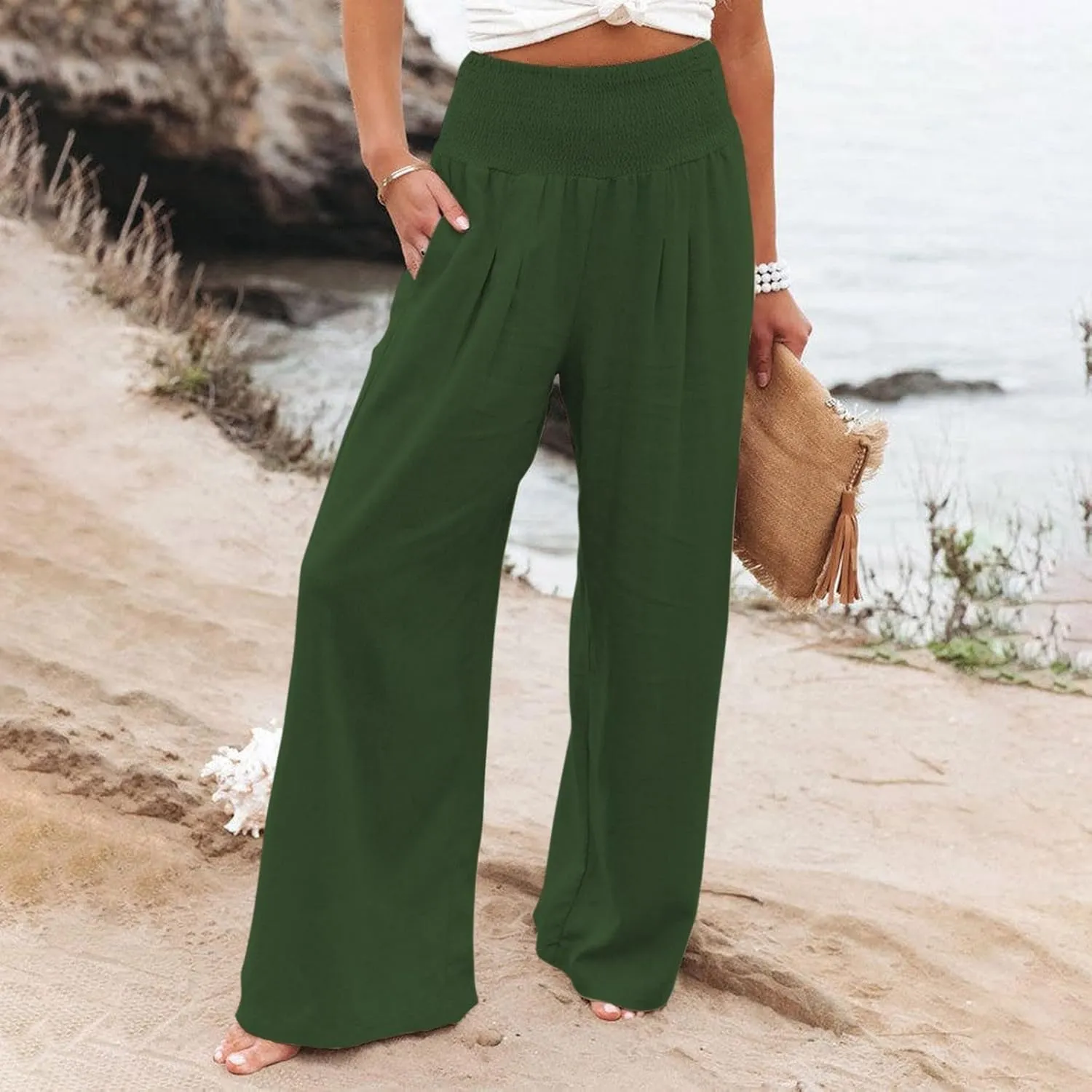 Womens Linen Pants 2025 Summer Casual Loose Wide Leg Palazzo Pants High Waisted Smocked Flowy Beach Trousers with Pockets