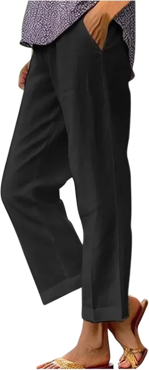 Womens Linen Pants Casual Lightweight Elastic Waist Pants Summer Wide Leg Work Pant Loose Beach Trousers with Pockets